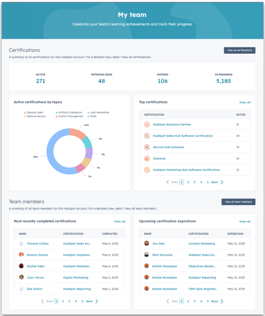 My team dashboard